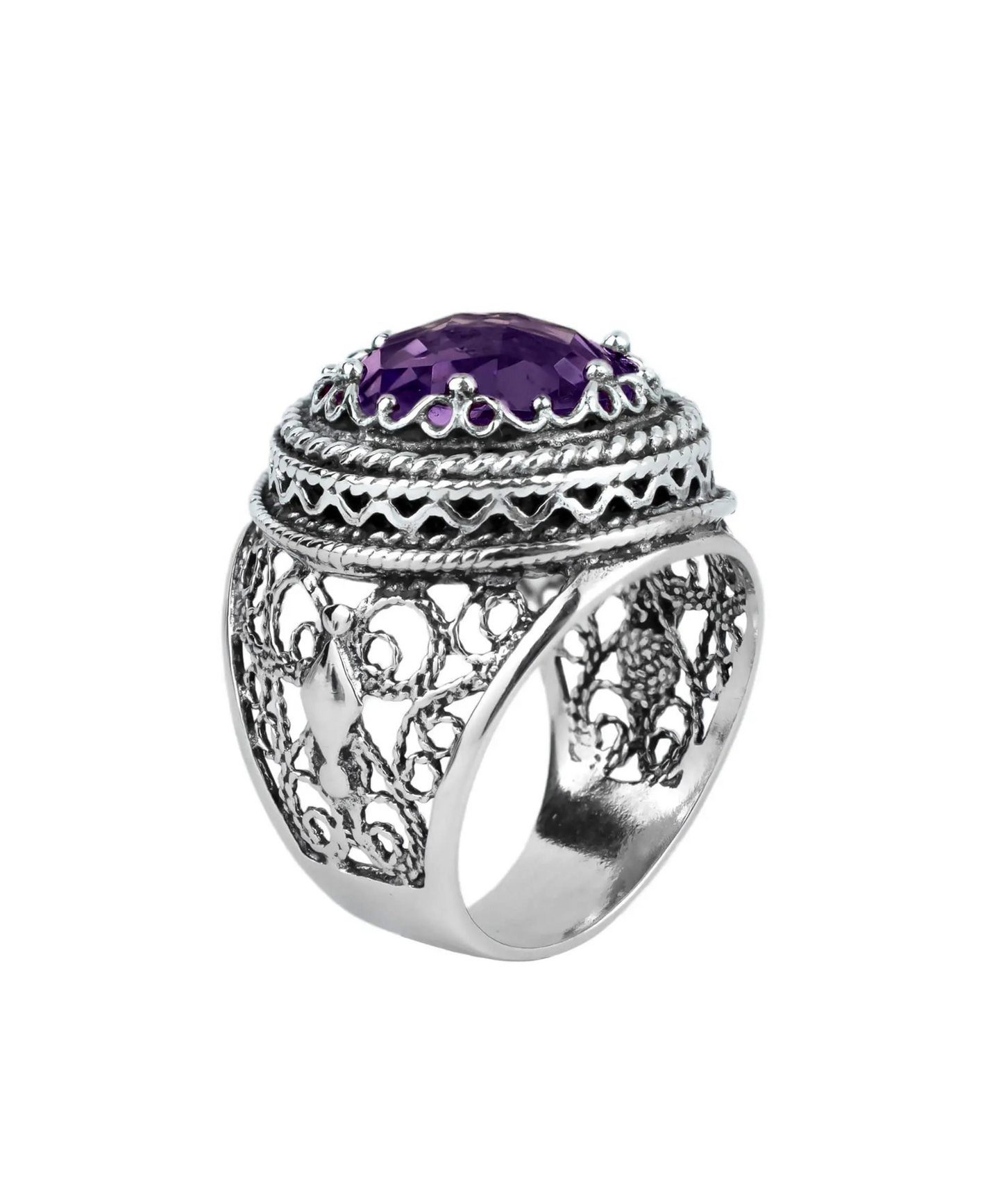 Filigree Art Amethyst Gemstone Women Silver Bold Statement Ring