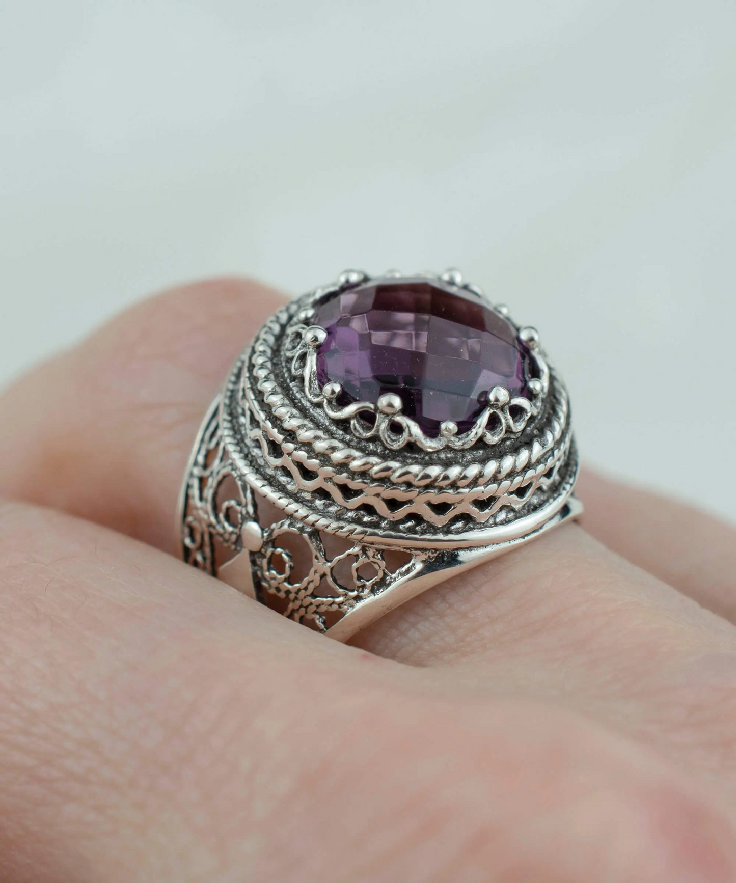 Filigree Art Amethyst Gemstone Women Silver Bold Statement Ring