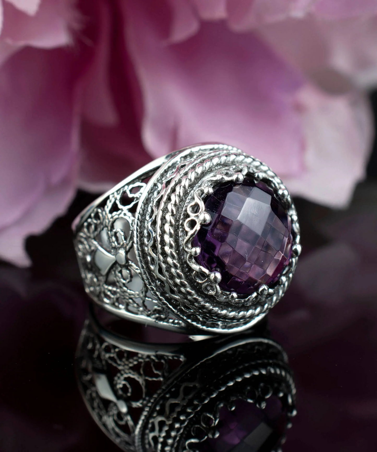 Filigree Art Amethyst Gemstone Women Silver Bold Statement Ring