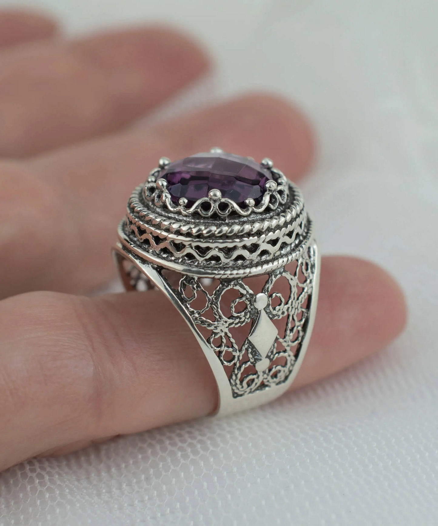 Filigree Art Amethyst Gemstone Women Silver Bold Statement Ring