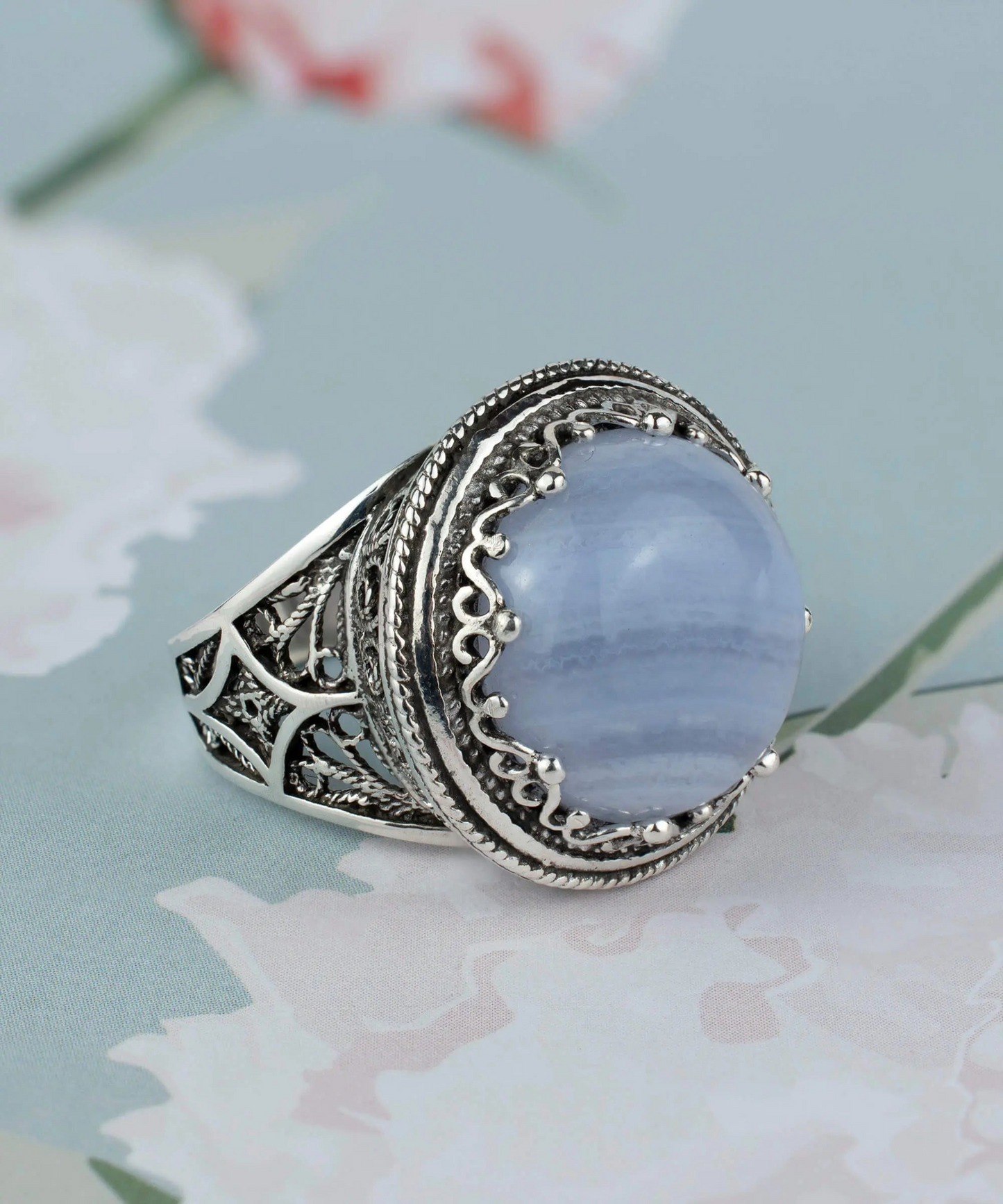 Filigree Art Blue Lace Agate Gemstone Women Silver Bold Statement Ring