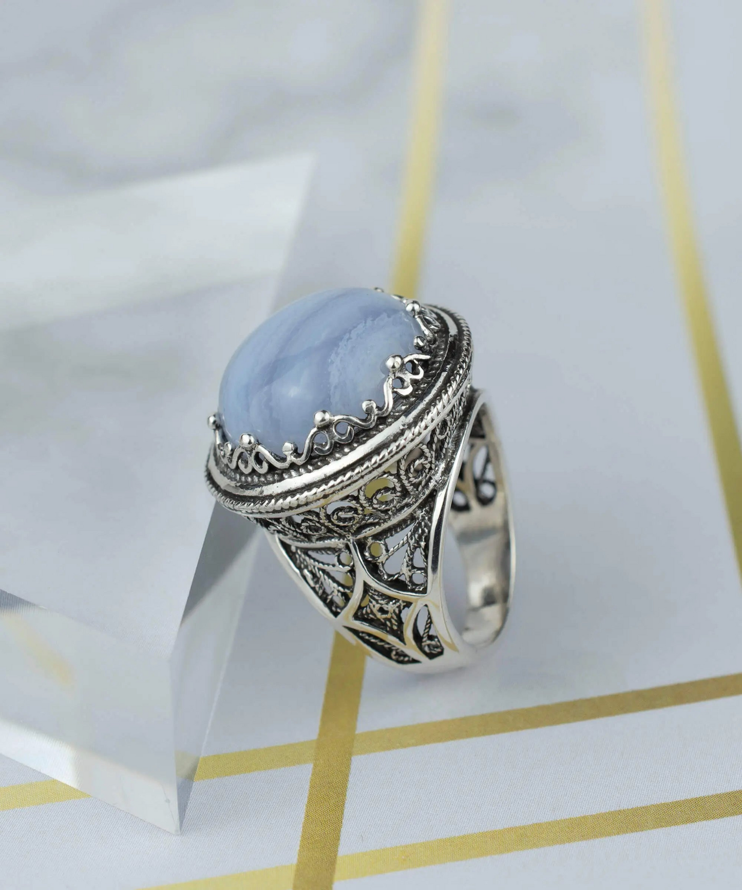 Filigree Art Blue Lace Agate Gemstone Women Silver Bold Statement Ring