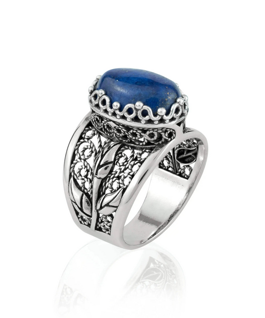 Filigree Art Lapis Lazuli Gemstone Tulip Detailed Silver Women Statement Ring