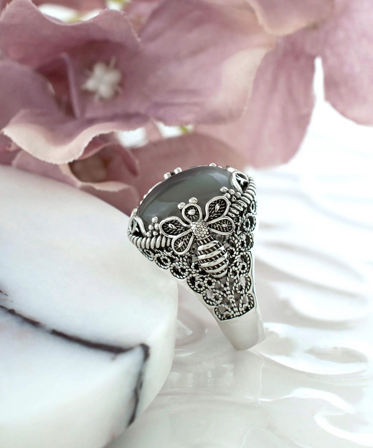 Filigree Art Bee Detailed Gray Moonstone Gemstone Women Silver Statement Ring