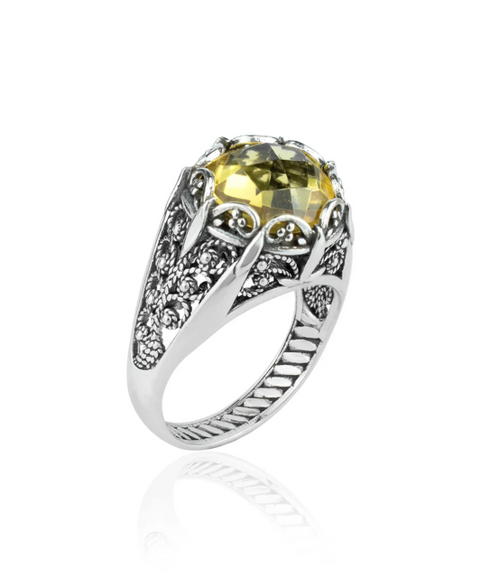 Filigree Art Citrine Gemstone Women Silver Cocktail Ring