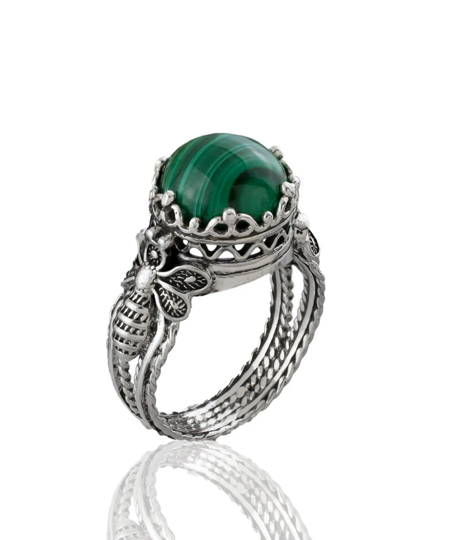 Bee Detailed Malachite Gemstone Filigree Art Women Silver Cocktail Ring