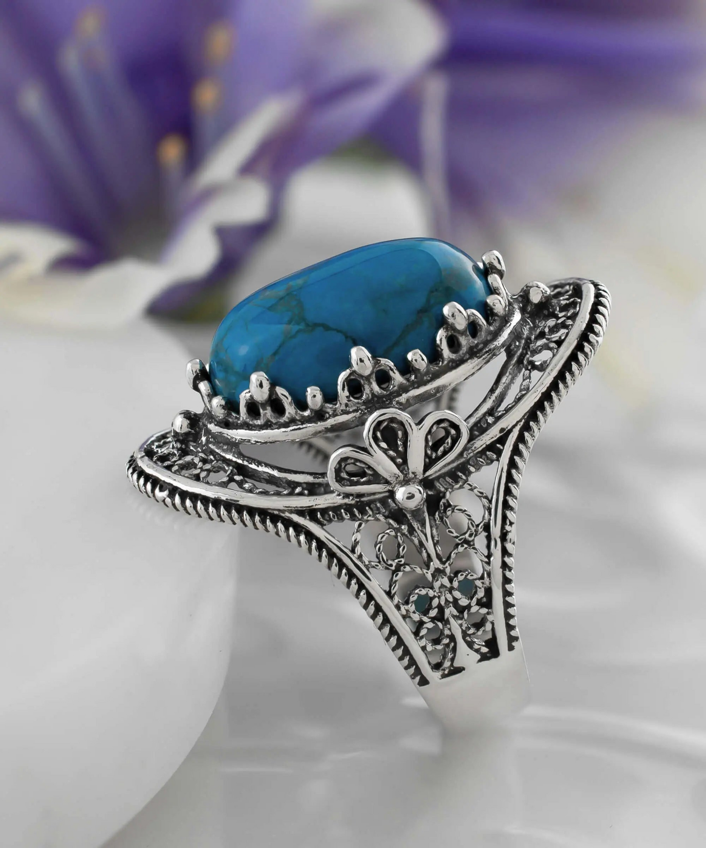 Turquoise Gemstone Filigree Art Woman Silver Statement Ring