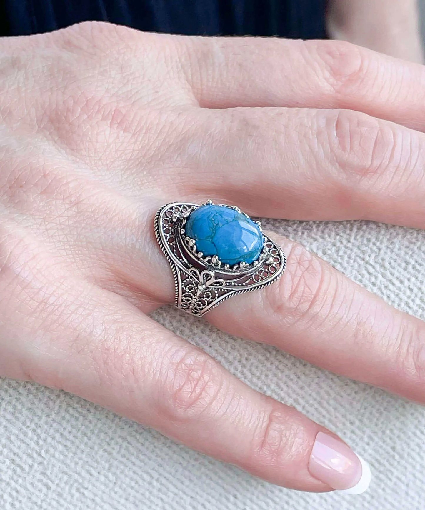 Turquoise Gemstone Filigree Art Woman Silver Statement Ring