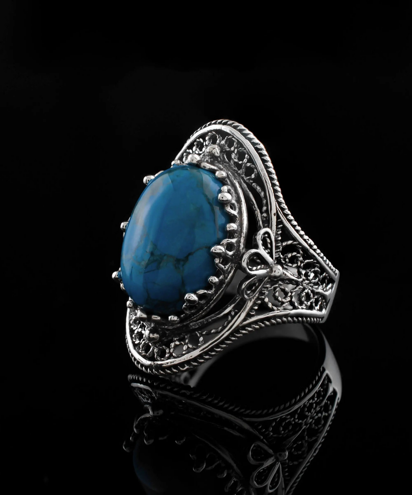 Turquoise Gemstone Filigree Art Woman Silver Statement Ring