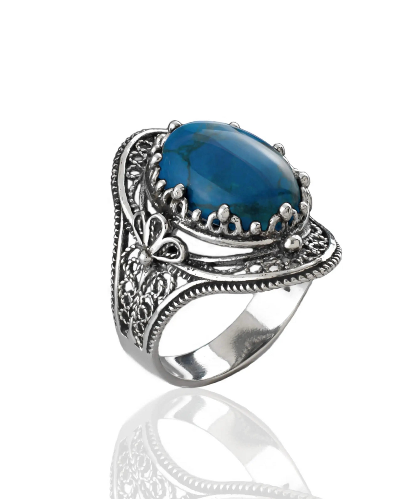 Turquoise Gemstone Filigree Art Woman Silver Statement Ring