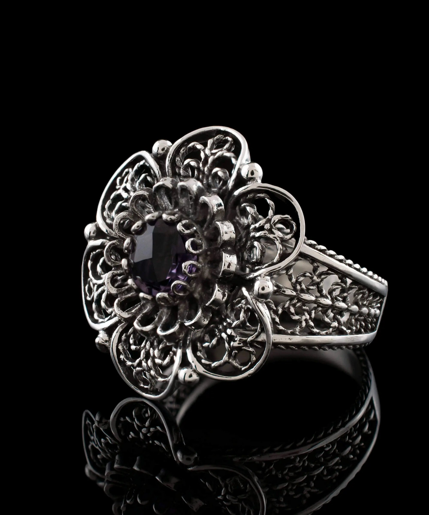 Filigree Art Amethyst Gemstone Women Silver Statement Ring