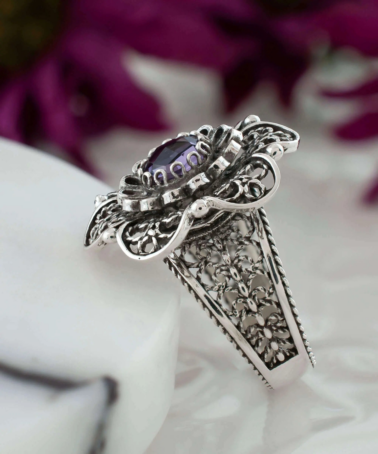 Filigree Art Amethyst Gemstone Women Silver Statement Ring