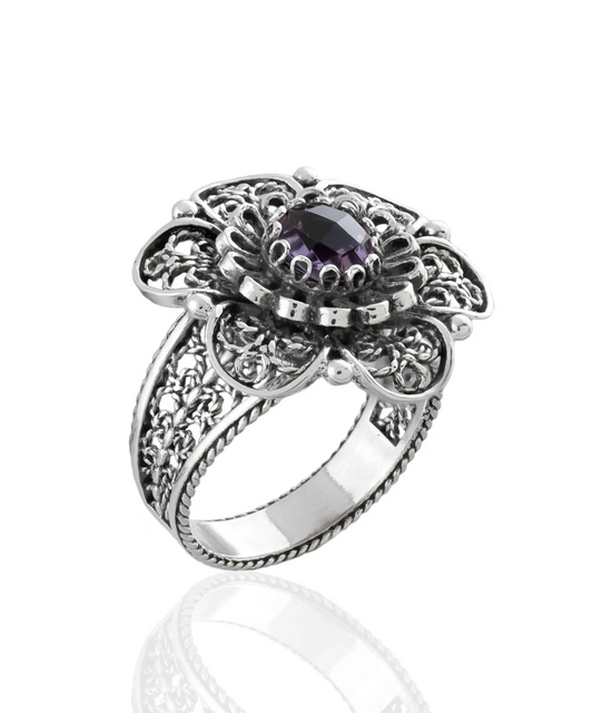 Filigree Art Amethyst Gemstone Women Silver Statement Ring