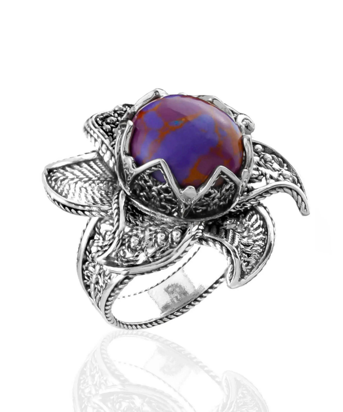 Lotus Flower Mojave Turquoise Gemstone Women Silver Statement Ring