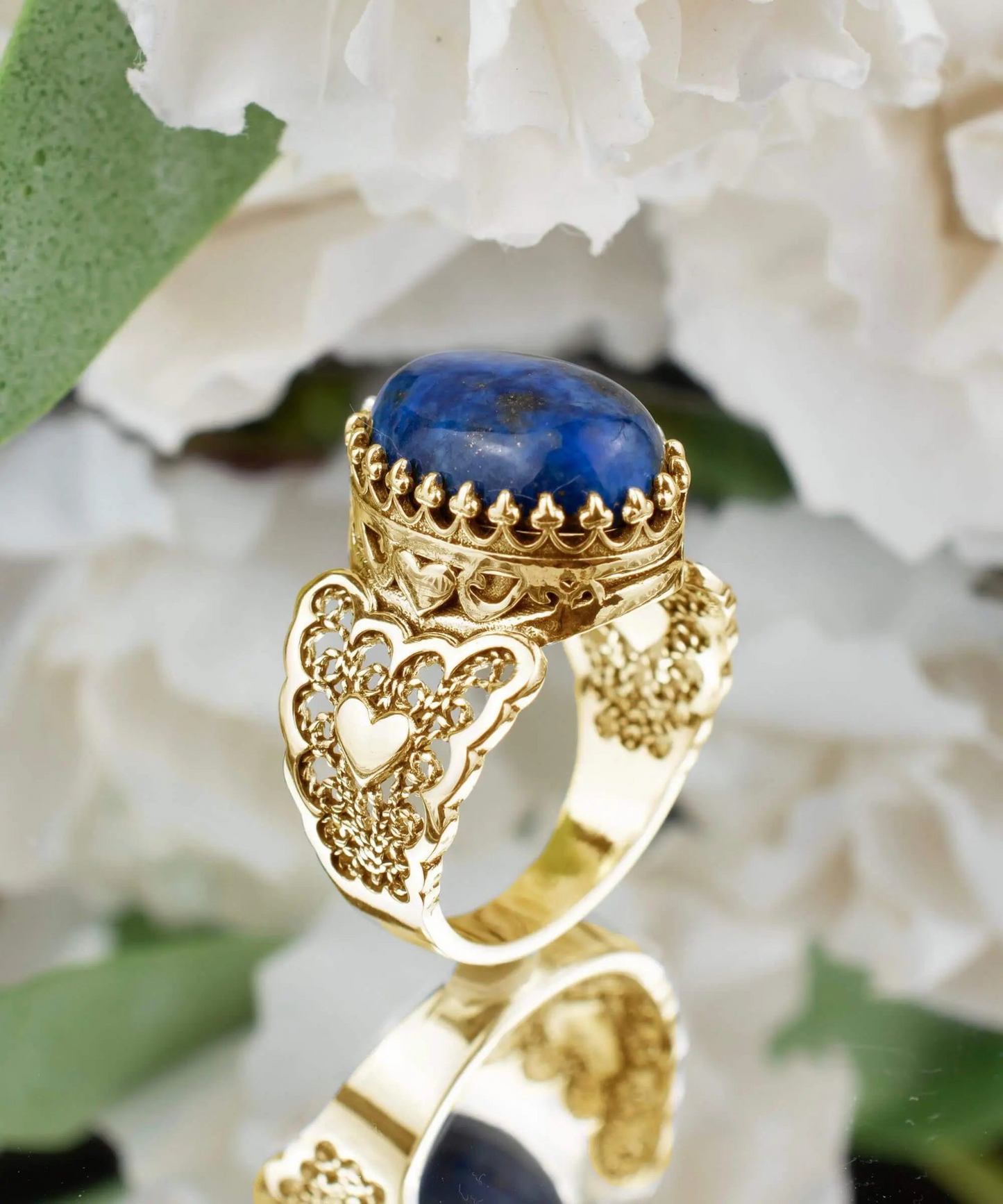 Double Heart Detailed Lapis Lazuli Gemstone Filigree Art Gold Plated Sterling Silver Women Statement Ring