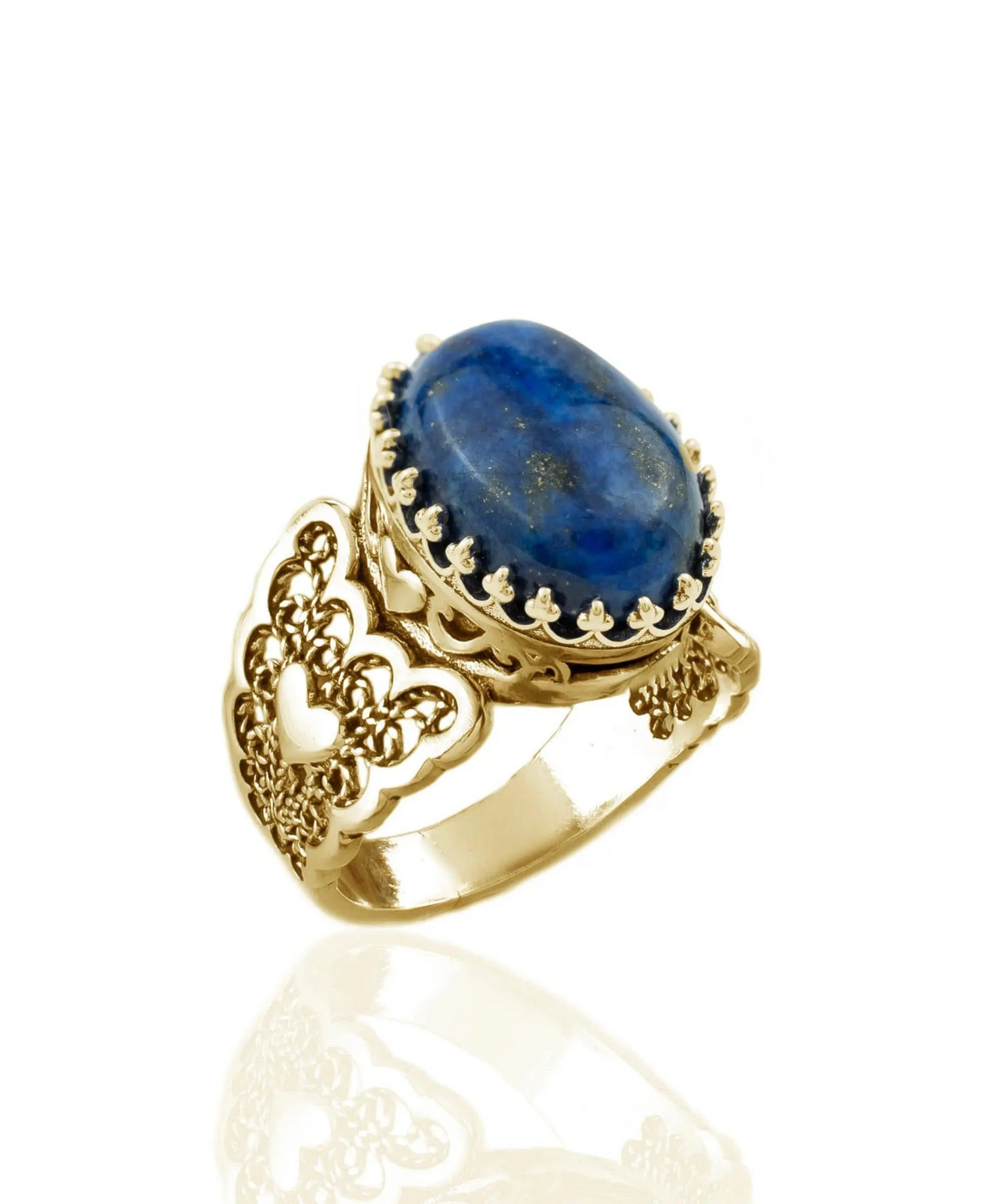 Double Heart Detailed Lapis Lazuli Gemstone Filigree Art Gold Plated Sterling Silver Women Statement Ring