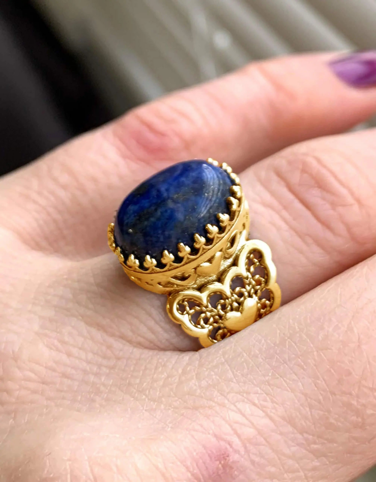 Double Heart Detailed Lapis Lazuli Gemstone Filigree Art Gold Plated Sterling Silver Women Statement Ring