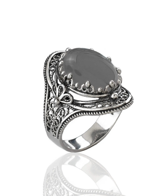 Gray Moonstone Gemstone Filigree Art Woman Silver Statement Ring